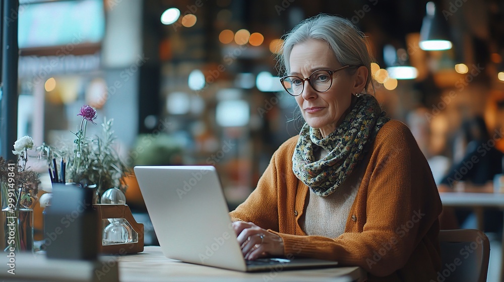 Woman Working on Laptop in Cozy Cafe Setting Woman Working on Laptop in Cozy Cafe Setting