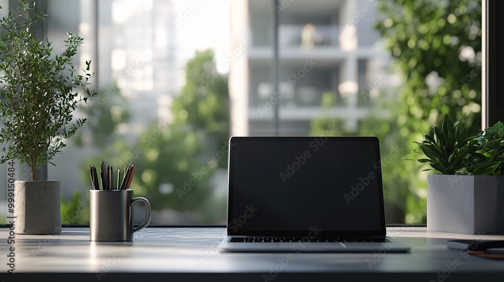Modern Workspace with Plants and Laptop Modern Workspace with Plants and Laptop