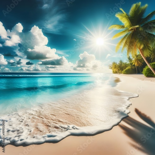 Serene Tropical Beach with Soft White Sand and Graceful Palm Trees