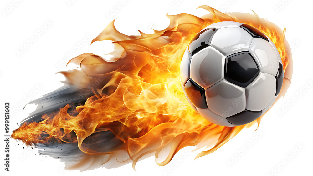 Fototapeta premium Soccer ball flying on fire isolated on white background