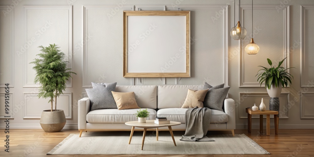Fototapeta premium Blank picture frame hanging on wall with mockup, decorated living room , interior design, home decor, frame, wall art