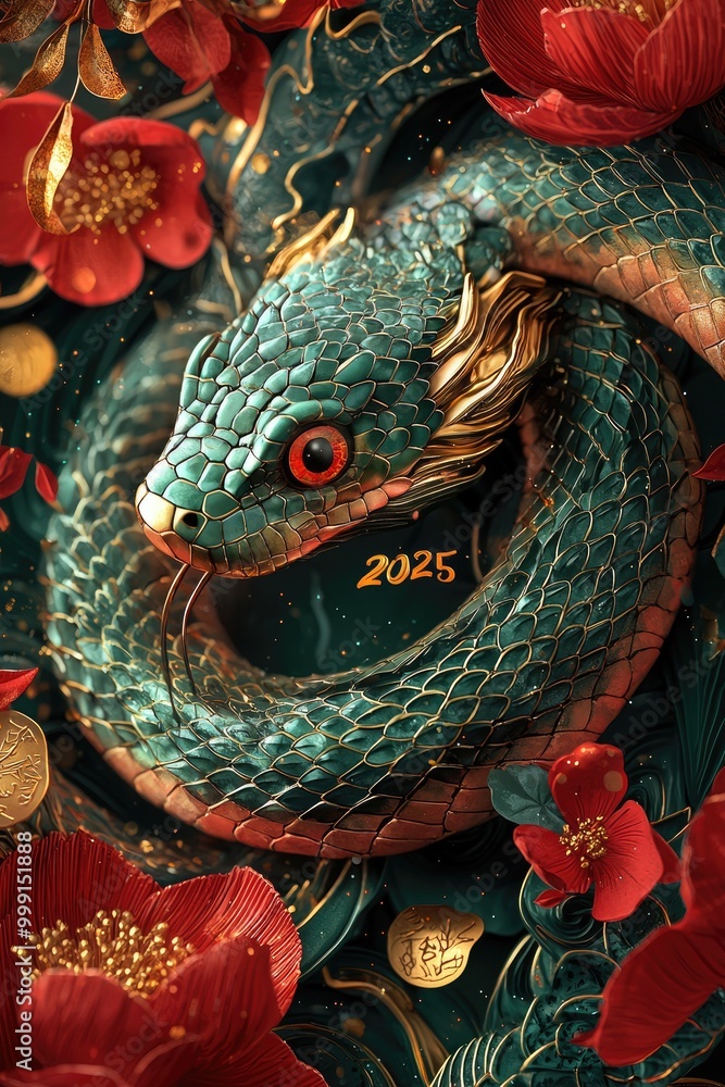 Fototapeta premium Lunar prosperity: Text 2025 with Green Snake, symbolizing growth, good fortune for Chinese New Year, reflecting themes of wisdom, harmony, rebirth according to oriental calendar.