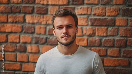 Young Man Against Rustic Brick Wall