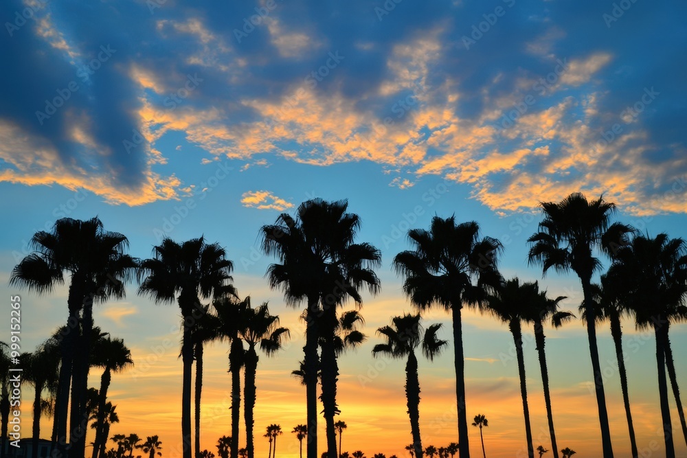 Obraz premium Silhouetted palm trees against a colorful sunset sky