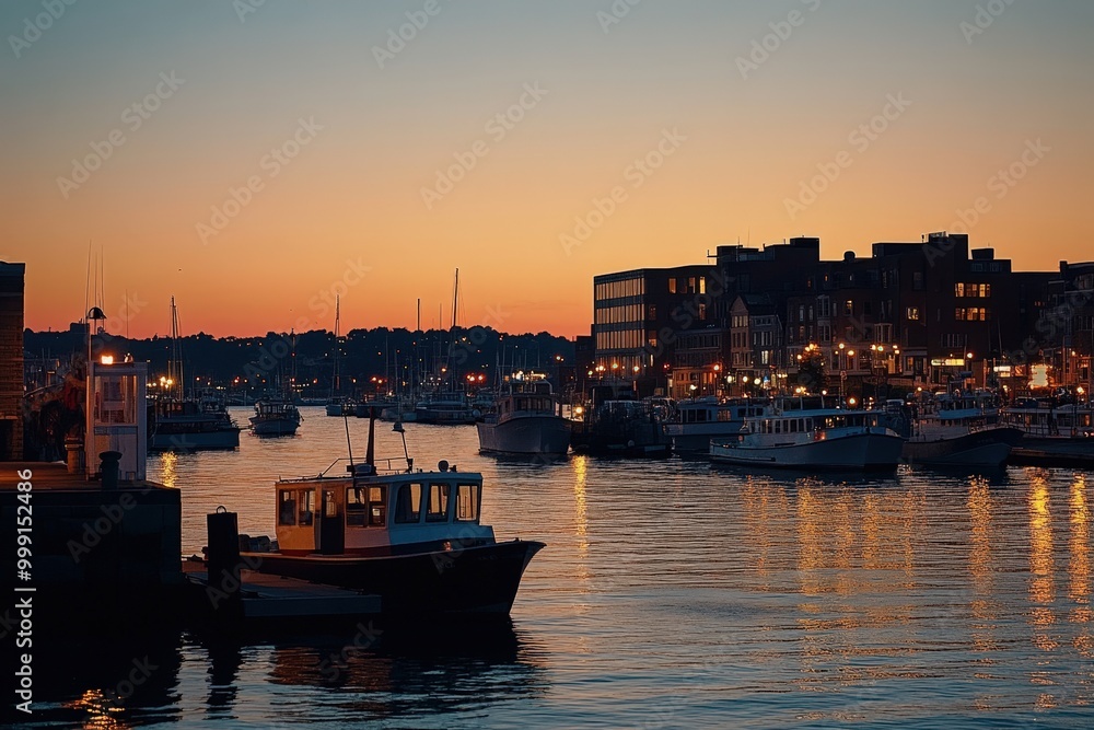 Fototapeta premium Scenic sunset over a bustling harbor