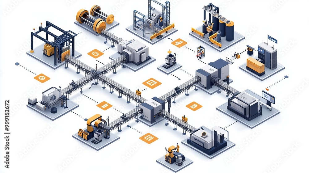 Industrial Manufacturing Production process Flowchart of a production process with machinery icons, clean and minimalistic infographic, isolated on white background Industrial Manufacturing Production process Flowchart of a production process with machinery icons, clean and minimalistic infographic, isolated on white background