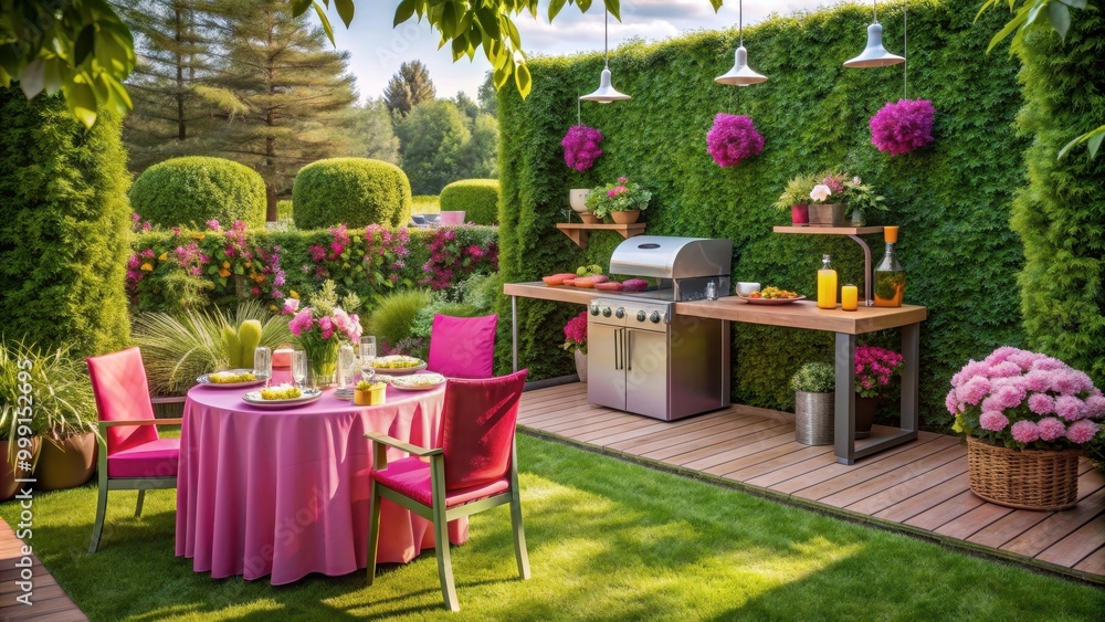 Obraz premium Lush garden setting with a glamorous touch, featuring a pink barbecue setup and vibrant greenery, Garden, Glamour, Greenery, Pink