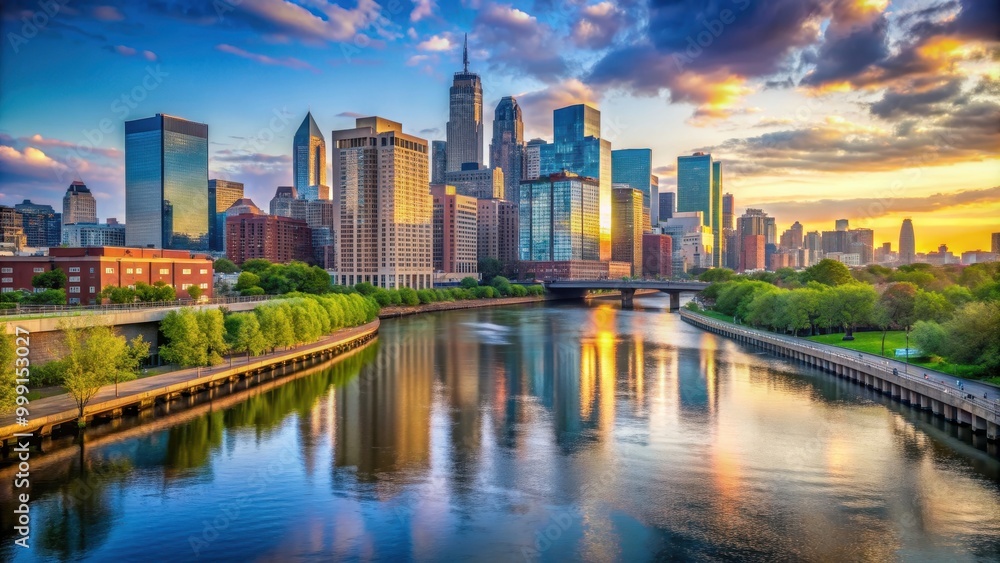 Fototapeta premium Cityscape with river flowing through urban skyline, city, skyline, river, cityscape, urban, buildings, architecture