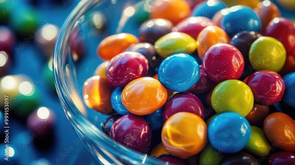 A close-up shot of colorful candy-coated chocolates in a clear glass bowl, their glossy surfaces sparkling under bright light. A close-up shot of colorful candy-coated chocolates in a clear glass bowl, their glossy surfaces sparkling under bright light.