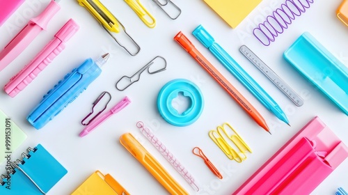 A close-up of various office items such as highlighters, paper clips, and a hole puncher, neatly arranged on a white background.