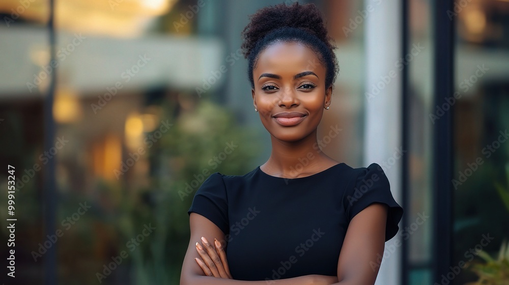 Confident Woman Smiling Outdoors in Black Dress Confident Woman Smiling Outdoors in Black Dress