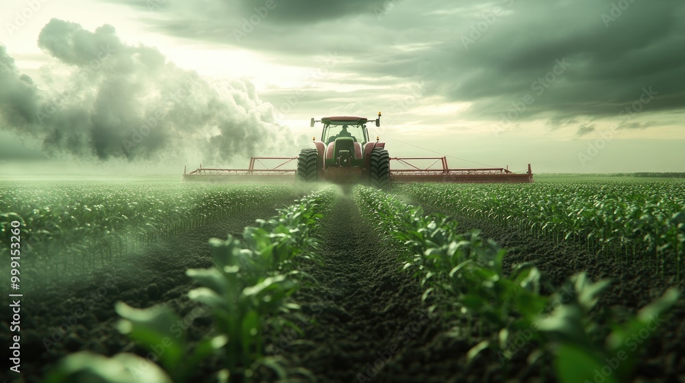 Fototapeta premium A futuristic 3D farm scene with a tractor driven by an AI-controlled system, navigating through digital rows of crops under a cloudy sky.