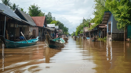 A flooded village with small boats being used to navigate the streets, highlighting the resilience of local communities. photo