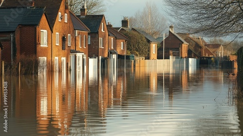 A row of houses partially submerged in floodwater, with reflections of the buildings visible in the still, murky water. photo