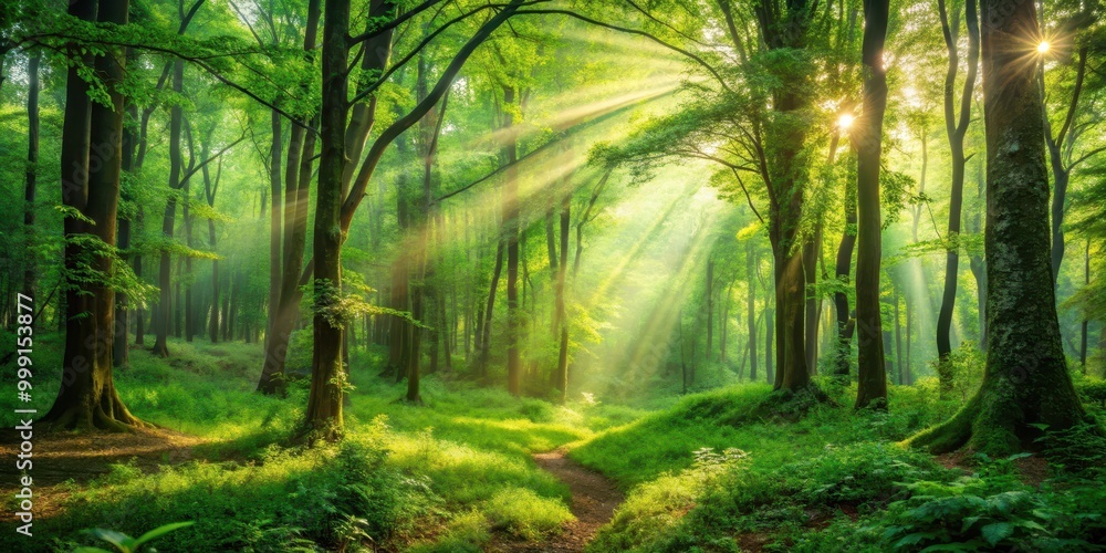 Fototapeta premium Blurred background of lush green forest with soft sunlight filtering through the trees, nature, trees, foliage, green