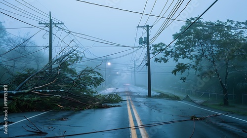 Road with fallen trees and power lines after hurricane