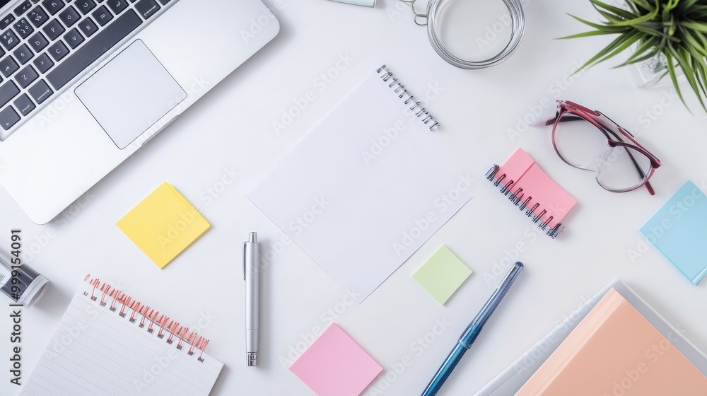 Top-down view of an organized desk setup with a laptop, notebooks, pens, and sticky notes on a white background, ready for work. Top-down view of an organized desk setup with a laptop, notebooks, pens, and sticky notes on a white background, ready for work.