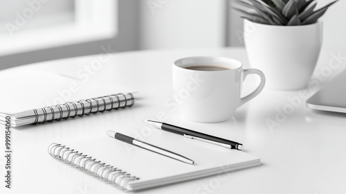 Office essentials including notebooks, pens, and a coffee cup, arranged neatly on a white surface, ready for a productive workday.