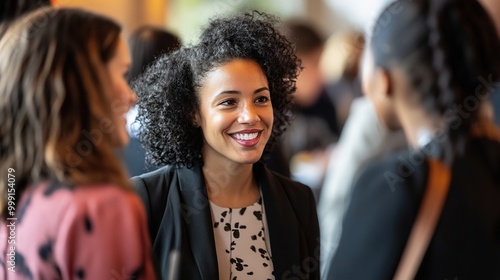 Smiling Woman Engaged in Networking Conversation