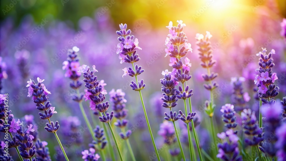 Naklejka premium Close up of beautiful lavender flowers blooming in a garden setting, lavender, flowers, blooming, garden, close up, purple