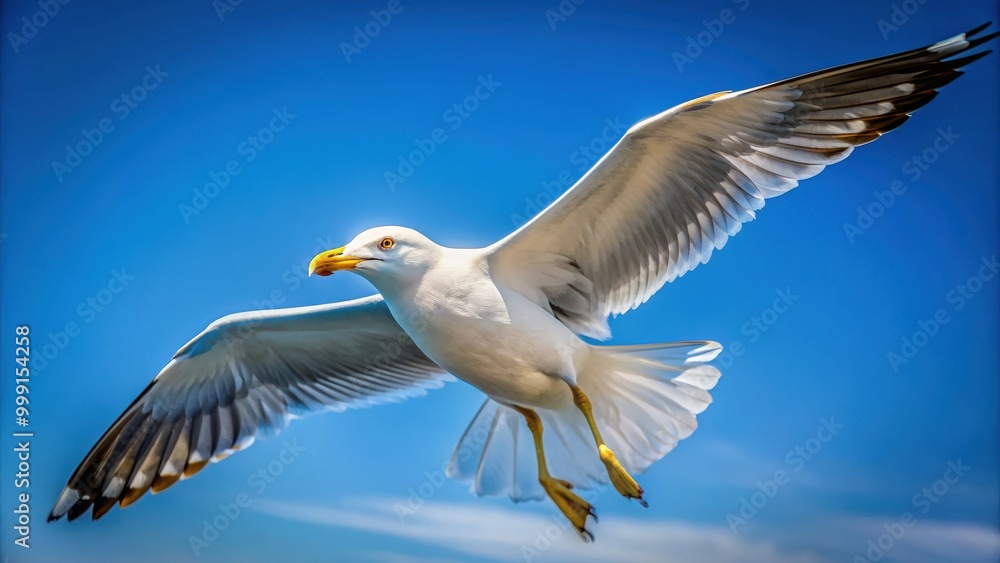 A close-up photo of a majestic gull flying gracefully in a clear blue sky, gull, bird, wildlife, nature, wings, feathers, seagull A close-up photo of a majestic gull flying gracefully in a clear blue sky, gull, bird, wildlife, nature, wings, feathers, seagull