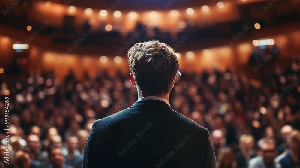 Speaker Addresses an Engaged Audience in a Theater Speaker Addresses an Engaged Audience in a Theater