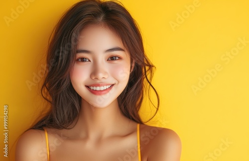 Smiling brightly in a yellow attire, a young woman radiates confidence and cheerfulness, showcasing a stylish and lively spirit.