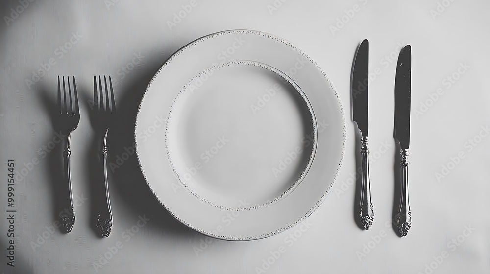 Waiting for our dinner with served plate, fork, and knife in a girl's hands on a white background. A place for text, top view. isolated on white background design Waiting for our dinner with served plate, fork, and knife in a girl's hands on a white background. A place for text, top view. isolated on white background design