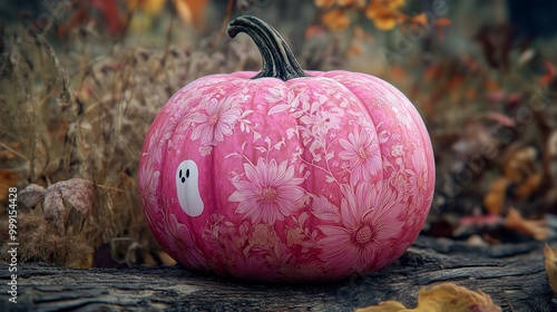 Beautiful pink pumpkin with intricate floral designs and ghost prints, ideal for unique Halloween decorations that bring a cheerful vibe to your home photo