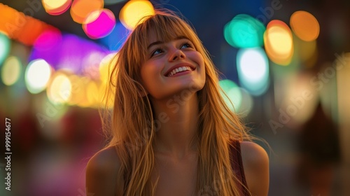 A joyful young blonde woman smiles brightly at a night festival, surrounded by vibrant, colorful bokeh lights. Her carefree expression captures the lively energy of the urban event.