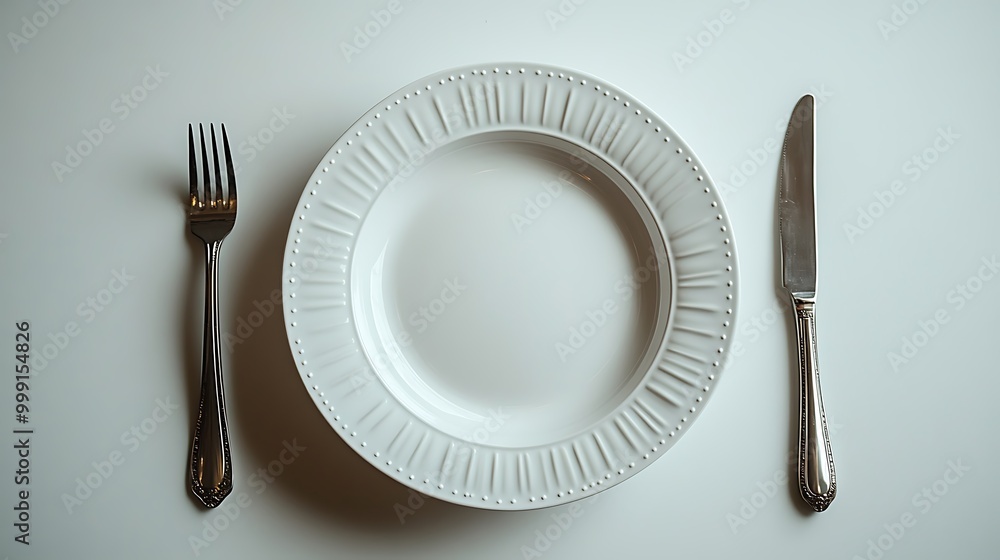 Waiting for our dinner with served plate, fork, and knife in a girl's hands on a white background. A place for text, top view. isolated on white background design Waiting for our dinner with served plate, fork, and knife in a girl's hands on a white background. A place for text, top view. isolated on white background design