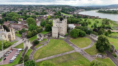 Rochester Castle Kent UK Panning drone aerial photo