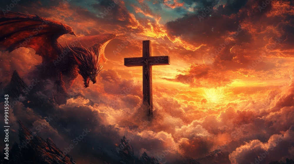dramatic fantasy scene with cross and dragon dramatic fantasy scene with cross and dragon