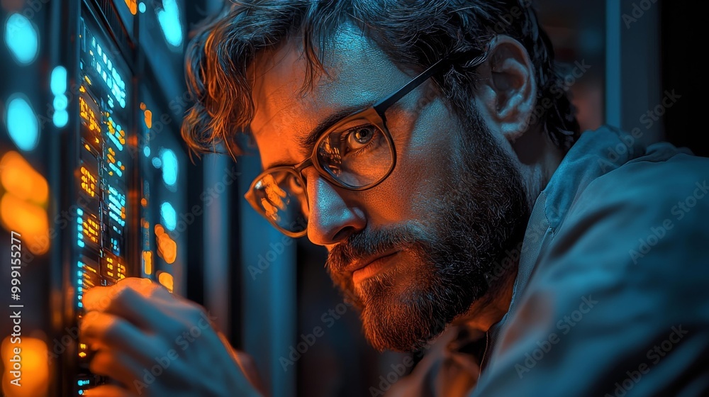 Obraz premium Man Working on a Server Panel in Neon Lighting Generative AI