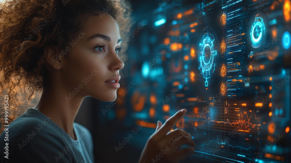 Futuristic Interface Interaction with Female Engineer Generative AI Futuristic Interface Interaction with Female Engineer Generative AI