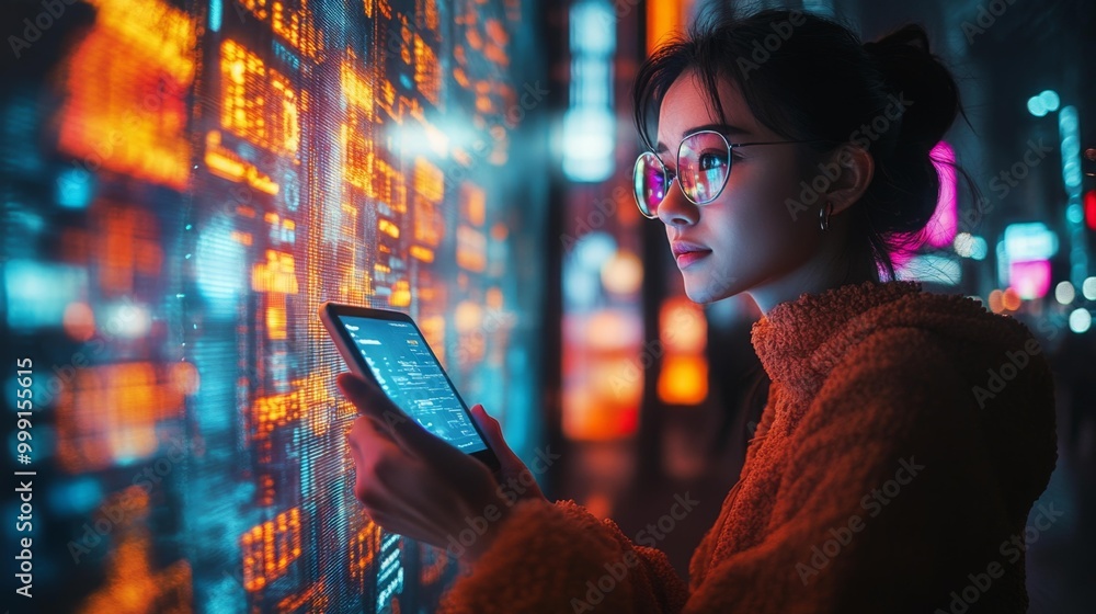 Obraz premium Woman Analyzing Data on Tablet at Night Generative AI