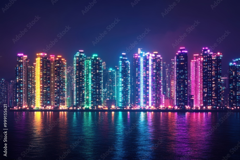 Obraz premium Vibrant city skyline at night with colorful illuminated skyscrapers