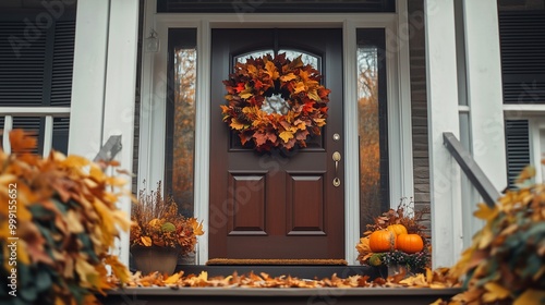 Charming fall wreath adorning a brown front door, accompanied by autumn-themed decor on the front steps photo