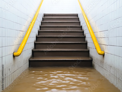 Flooded stairs with a yellow handrail, illustrating the impact of heavy water accumulation in urban environments. photo