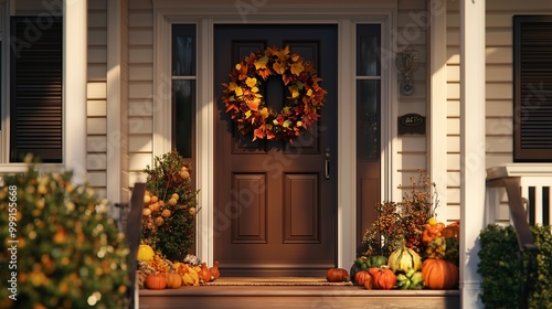 Charming fall wreath adorning a brown front door, accompanied by autumn-themed decor on the front steps photo