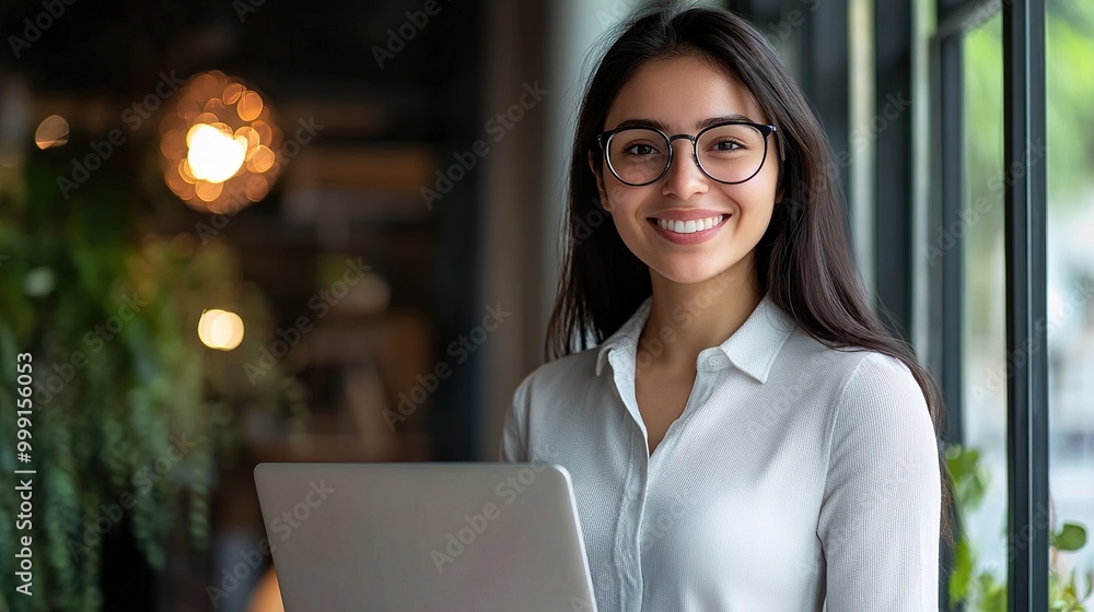 Smiling Woman with Laptop in Modern Workspace Smiling Woman with Laptop in Modern Workspace