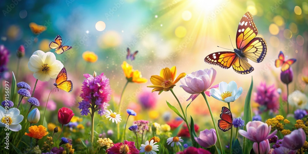 Enchanting photo of springtime wonders in nature with colorful flowers, butterflies, and soft sunlight , whimsical, nature Enchanting photo of springtime wonders in nature with colorful flowers, butterflies, and soft sunlight , whimsical, nature
