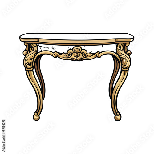 A detailed illustration of an elegant marble top console table with gold ornate legs.