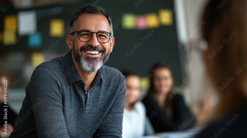 Happy Man Smiling in a Classroom Setting Happy Man Smiling in a Classroom Setting