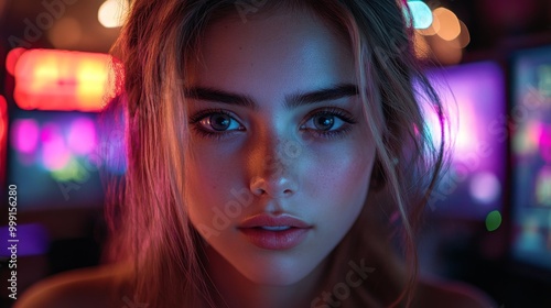 Close-up Portrait of a Woman with Neon Lights Generative AI