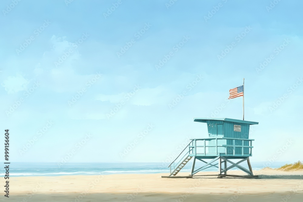 Serene beach with lifeguard tower and american flag Serene beach with lifeguard tower and american flag