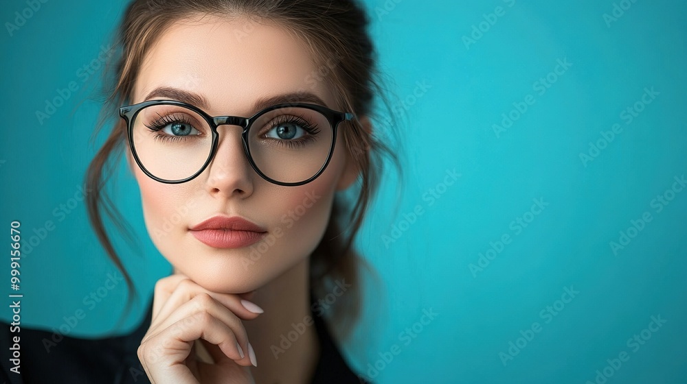 Elegant Woman with Glasses on Blue Background Elegant Woman with Glasses on Blue Background