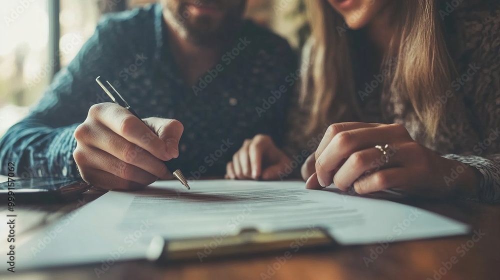Couple Collaborating on a Document at a Café Couple Collaborating on a Document at a Café