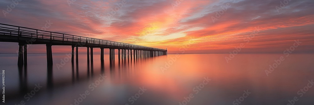 Obraz premium Stunning sunset over a tranquil lake with a long wooden pier