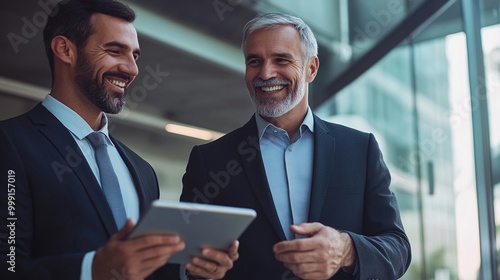 Smiling Businessmen Discussing Tablet in Modern Office